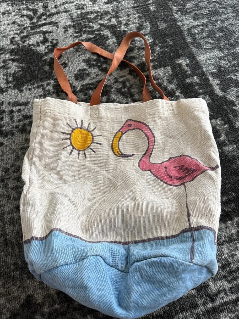 Canvas Flamingo Tote Bag with Brown Leather Straps